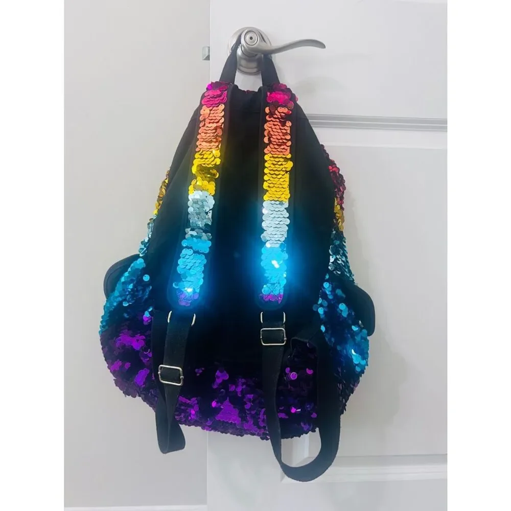 Rare Pink Victoria’s Secret rainbow Sequins Bling Backpack EUC limited Editio
